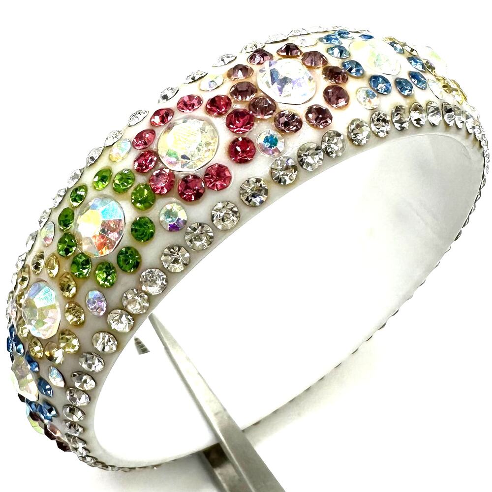 Vintage white lucite multicolor AB aurora borealis rhinestones bangle bracelet